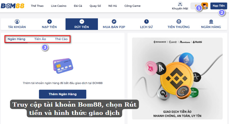 Truy cập tài khoản PG99, chọn Rút tiền và hình thức giao dịch